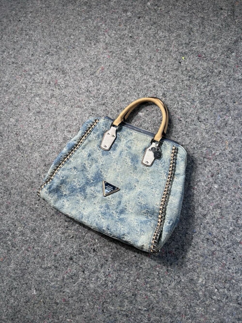 Guess Los Angeles Denim Monogram Satchel Bag Chain Trim Leopard Lining Silver